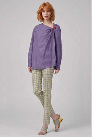 Cijou Stripe Asymmetrical Knot Detail L/S Blouse | Purple Steel