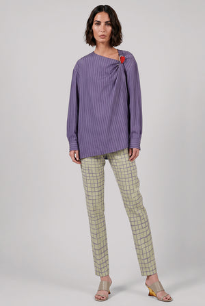 Cijou Stripe Asymmetrical Knot Detail L/S Blouse | Purple Steel