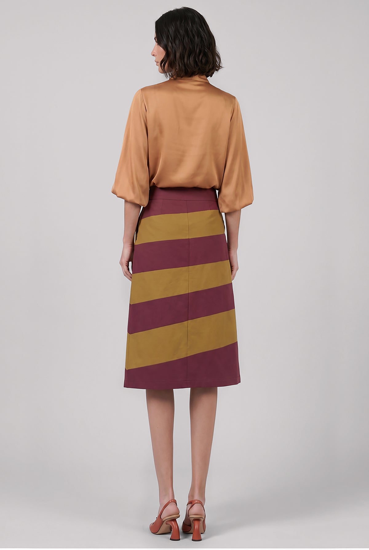 DRIES VAN NOTEN RTW Cross Stitch Tie Side Detail Stripe Midi Skirt | Mustard