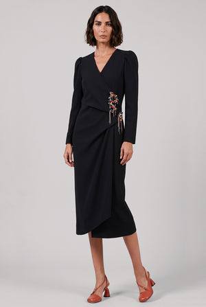 Dapan Embellished Crossover L/S Midi Dress | Black