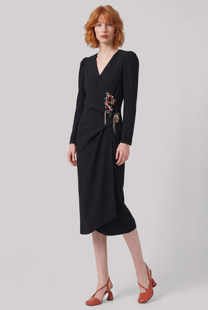 Dapan Embellished Crossover L/S Midi Dress | Black