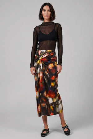Suma Pixel Floral Tie Midi Skirt | Black/Multi
