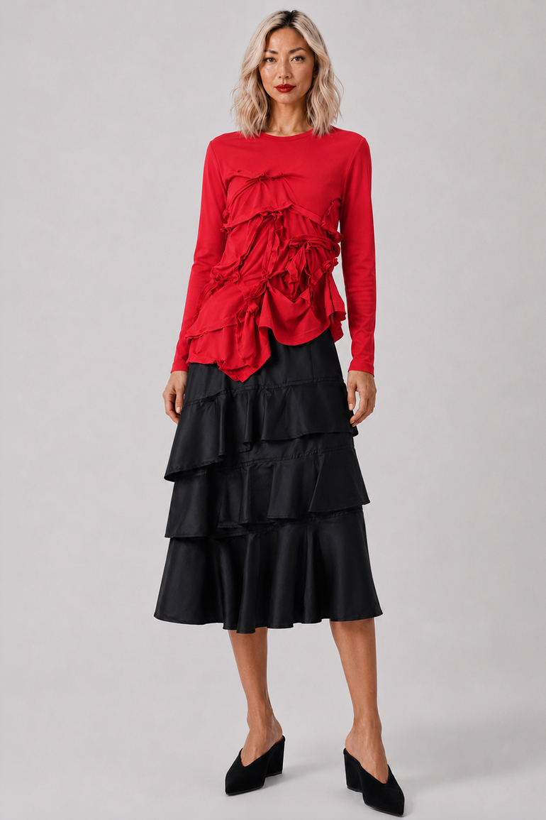 COMME DES GARCONS BLACK RTW Asymmetric Tier Ruffle Midi Skirt | Black