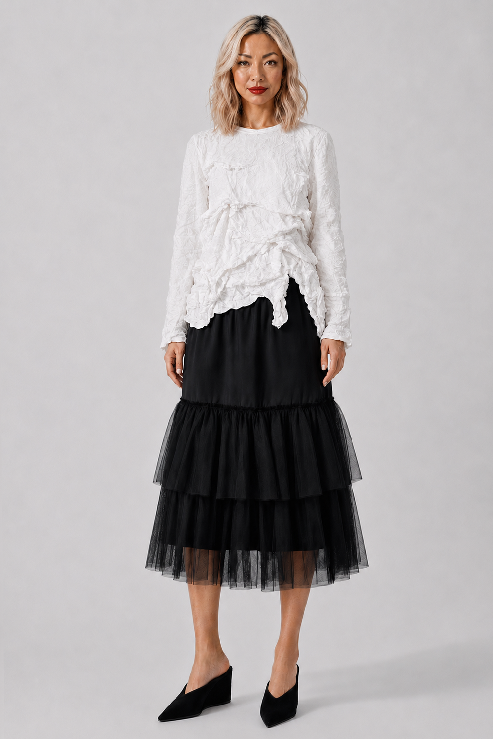 COMME DES GARCONS BLACK Tier Tulle X Twill Midi Skirt | Black
