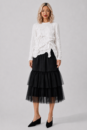 COMME DES GARCONS BLACK Tier Tulle X Twill Midi Skirt | Black