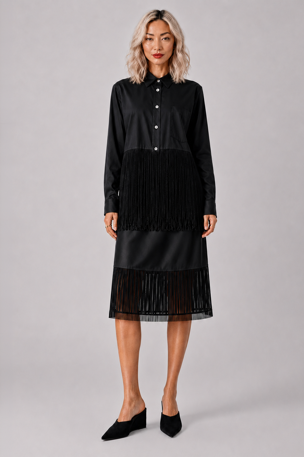 COMME DES GARCONS BLACK RTW Satin Fringe Hem Long Shirt | Black