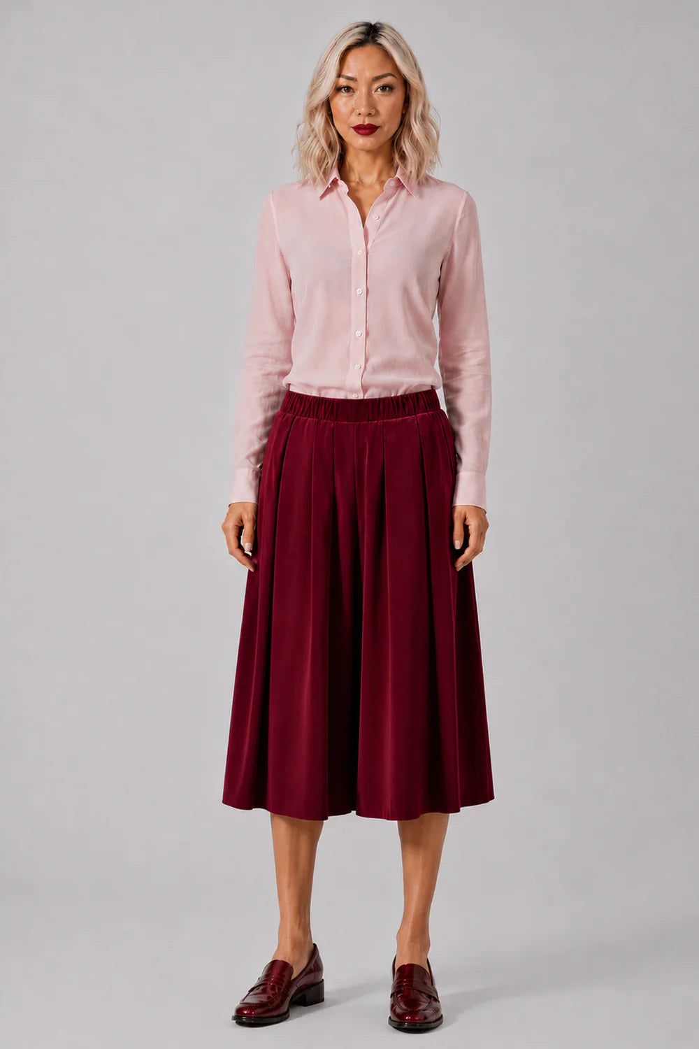 COMME DES GARCONS RTW Elastic Waist Velvet Pleat Midi Skirt | Burgundy