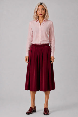 COMME DES GARCONS RTW Elastic Waist Velvet Pleat Midi Skirt | Burgundy