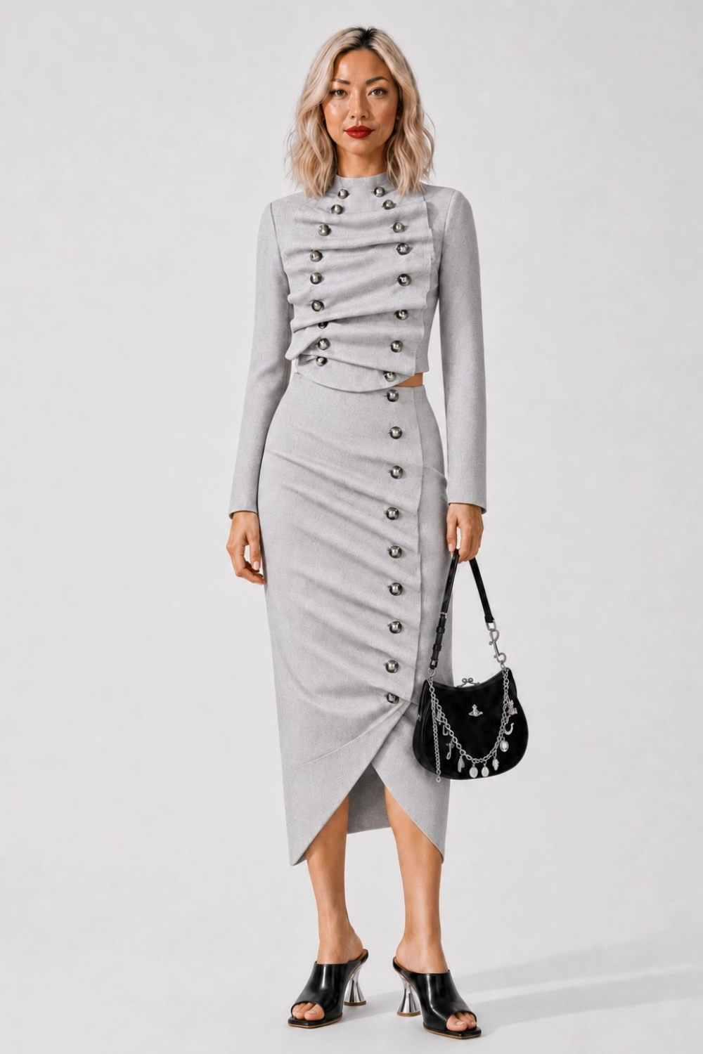 AWAKE MODE RYW Asymmetric Jacket Collar Hem Skirt | Light Grey Melange