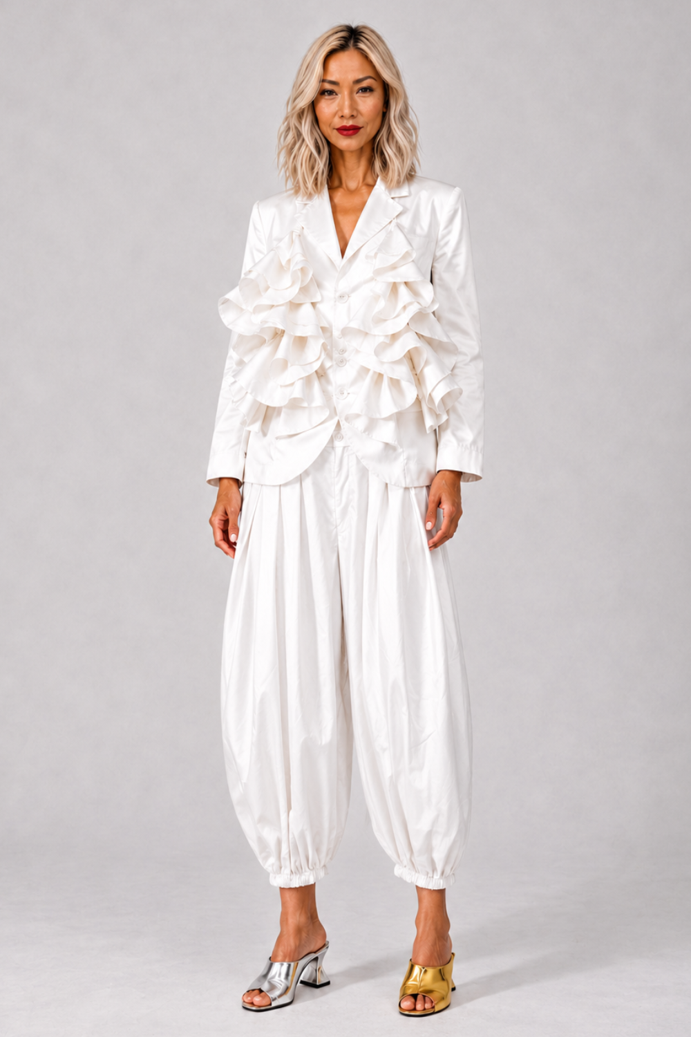 COMME DES GARCONS RTW Lace Pattern Ruffle Asymmetric Jacket | White