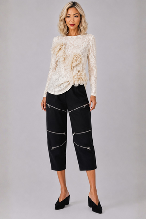 COMME DES GARCONS RTW Lace Print Ruffle Front Asymmetric Top | Ivory