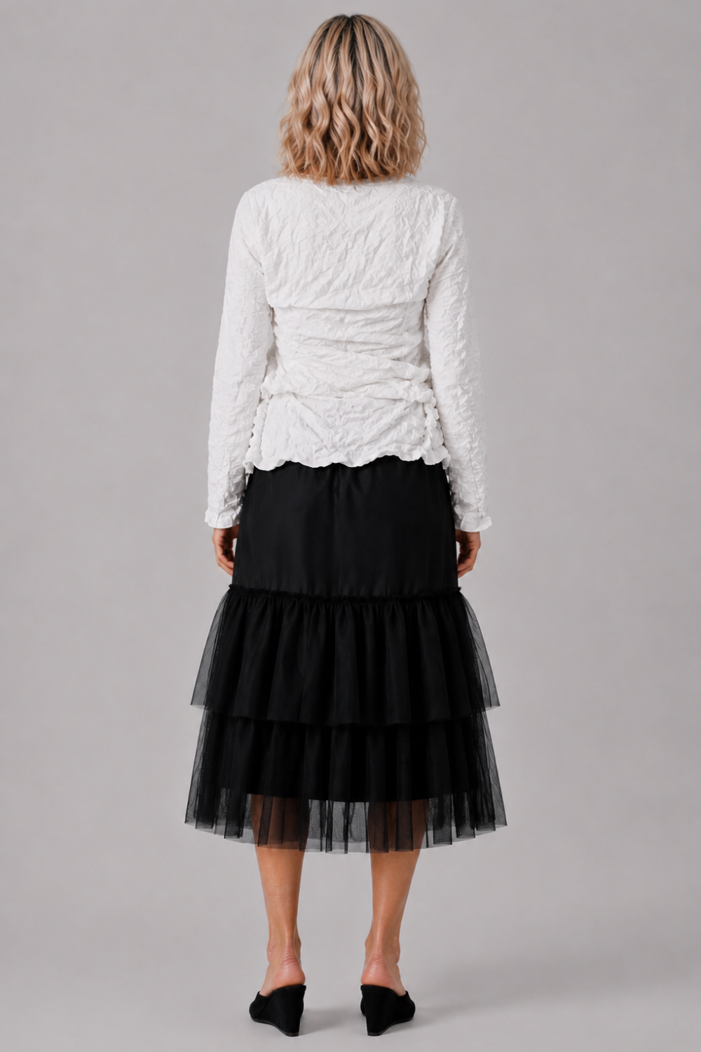 COMME DES GARCONS RTW Lace Print Deconstruct Ruffle Asymmetric Top | White
