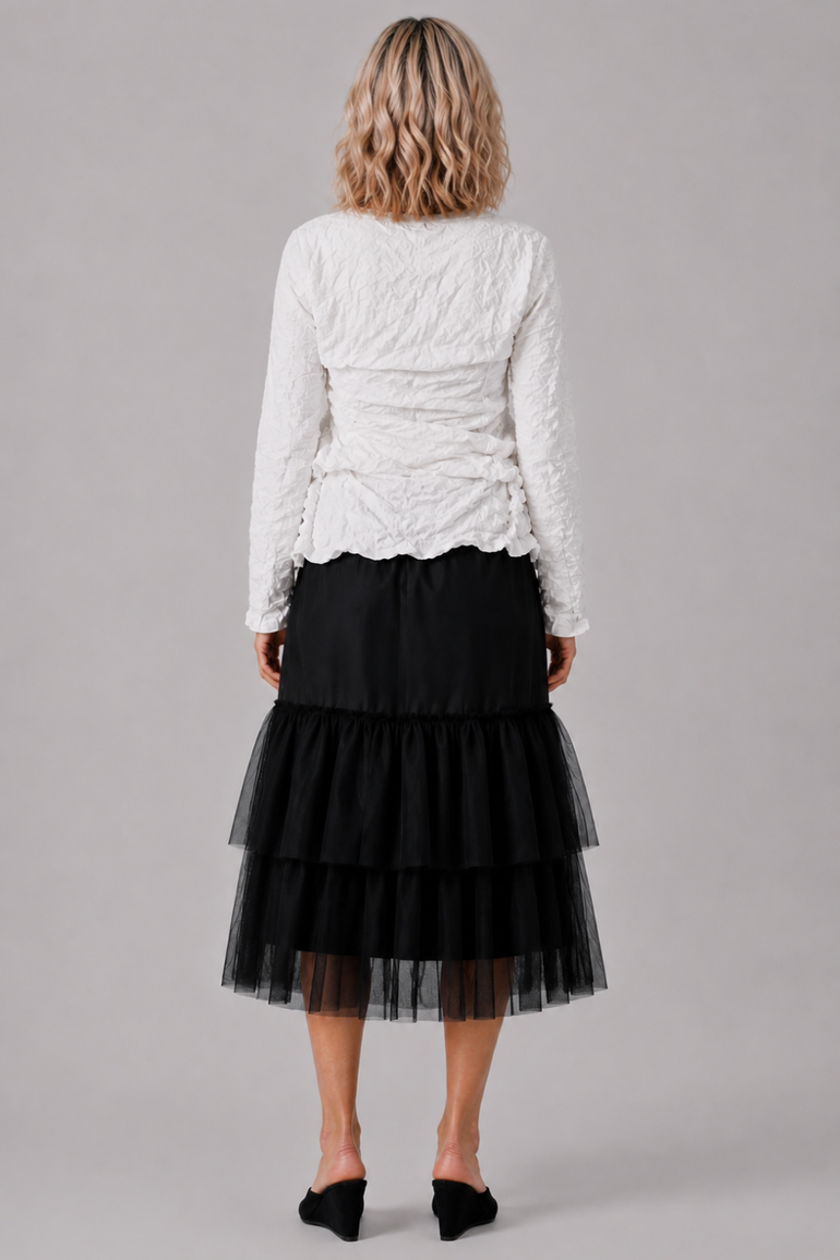 COMME DES GARCONS RTW Lace Print Deconstruct Ruffle Asymmetric Top | White