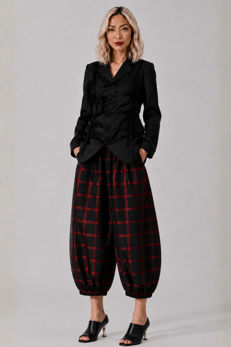 COMME DES GARCONS RTW Check Drop Crotch Pant | Black/Red