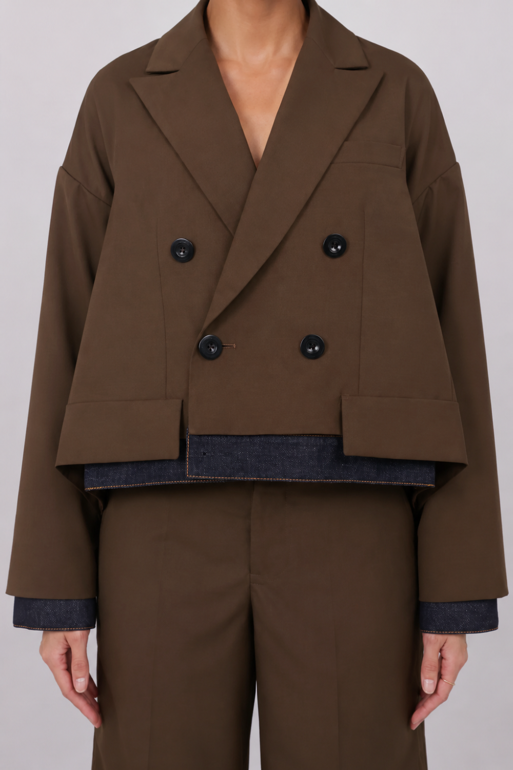 SACAI RTW Suiting X Denim Oversize Double Breast Jacket | Brown/Indigo