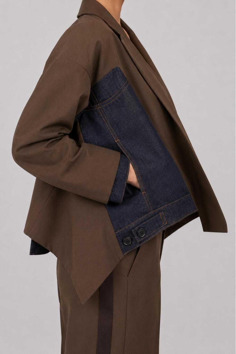 SACAI RTW Suiting X Denim Oversize Double Breast Jacket | Brown/Indigo