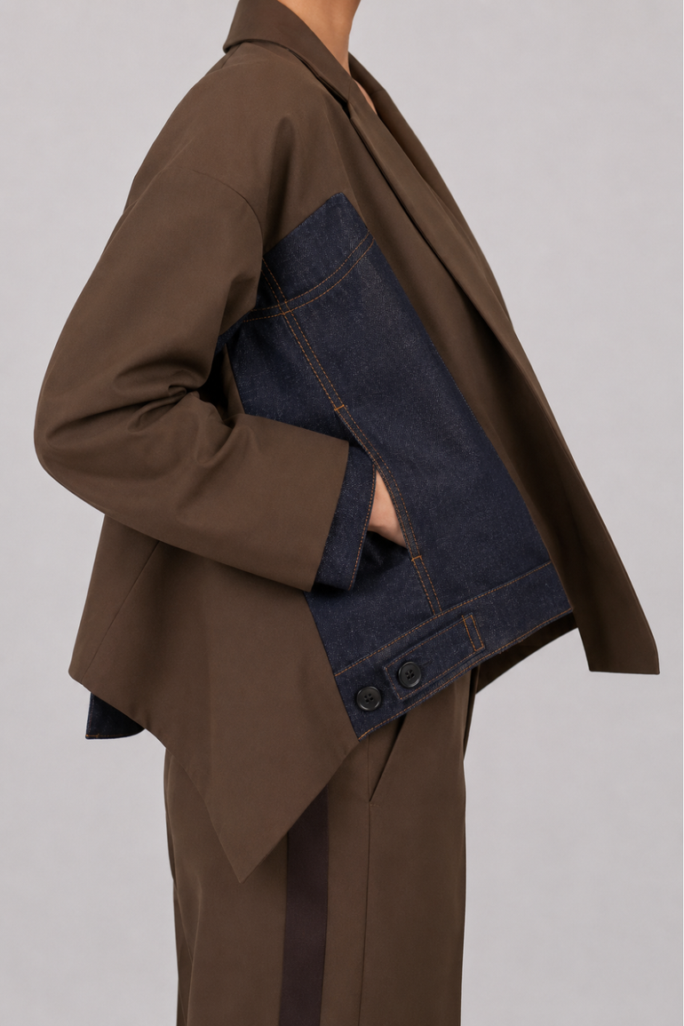 SACAI RTW Suiting X Denim Oversize Double Breast Jacket | Brown/Indigo