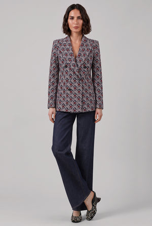 Double Breasted Geometric Floral Print Jacket | Blue/Pink