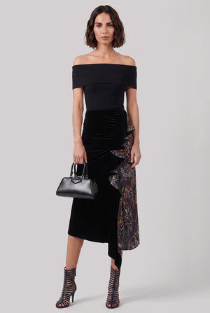 Draped Velvet Contrast Floral Print Midi Skirt | Black/Multi