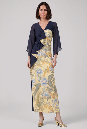 Kimono Style Draped Floral Print Midi Dress | Black/Yellow