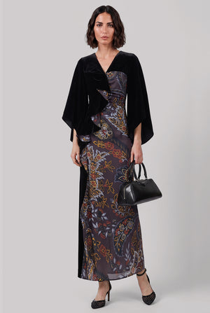 Kimono Style Draped Velvet Contrast Floral Print Midi Dress | Black/Multi