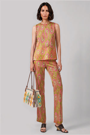 Paisley Print Straight Leg Pant | Green/Pink