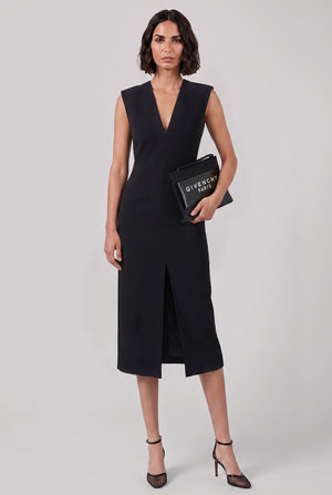 Structured Sleeveless V-Neck Midi Dress | Black