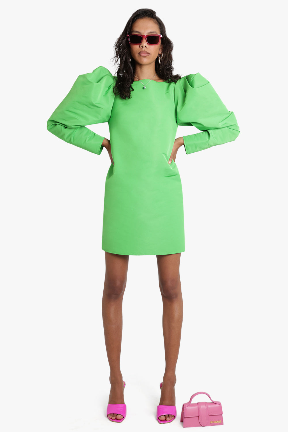NINA RICCI RTW Taffeta Puff Gathered Sleeve Mini Dress | Green