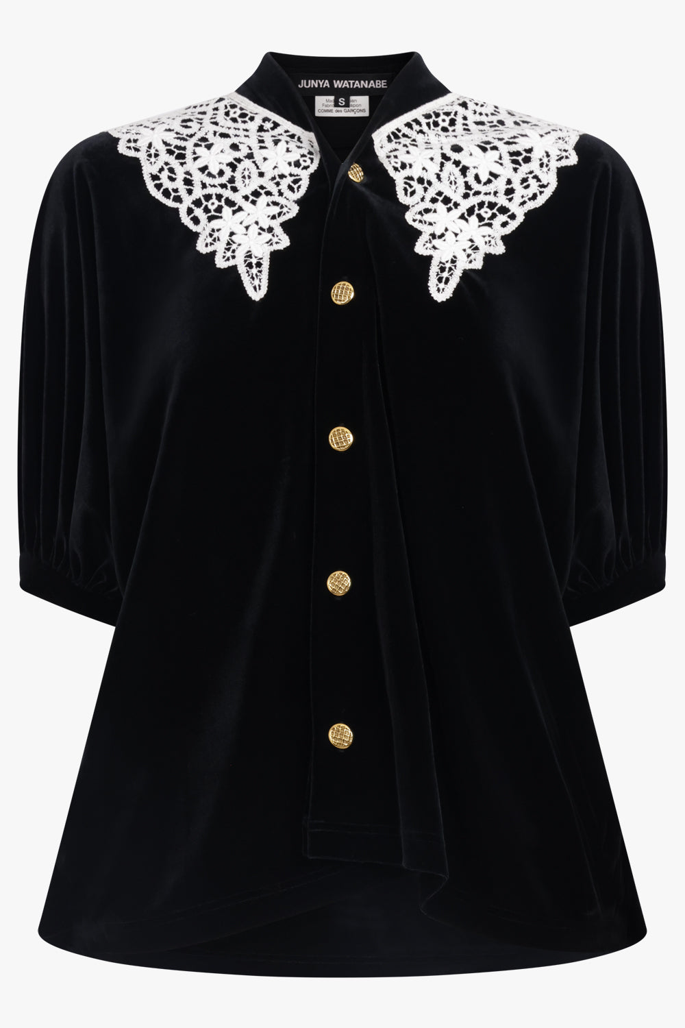 JUNYA WATANABE RTW Relaxed Velvet S/S Blouse With Crochet Collar | Black/White