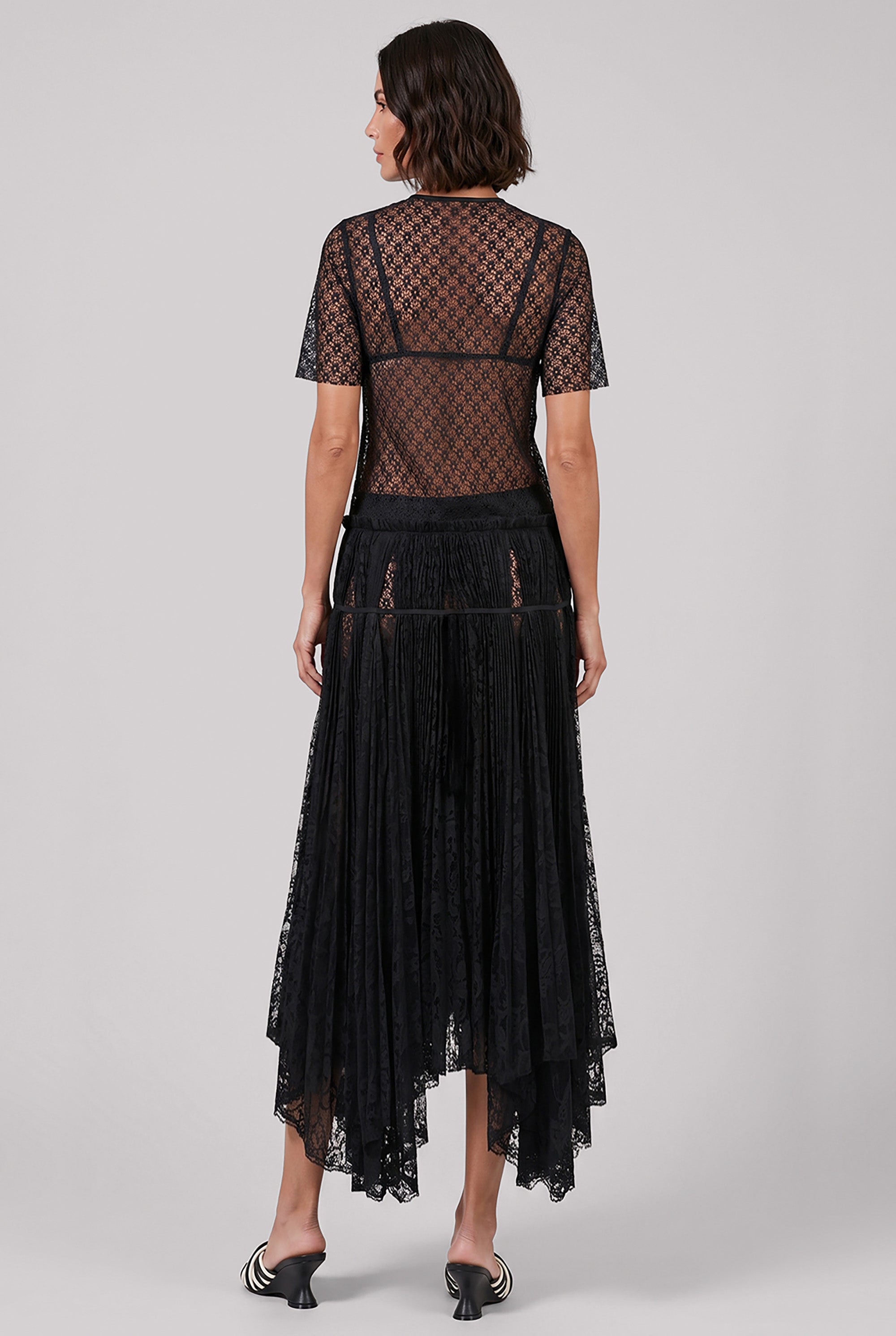 JW ANDERSON RTW Mixed Lace Midi Dress With Asymmetric Pleated Skirt | Black