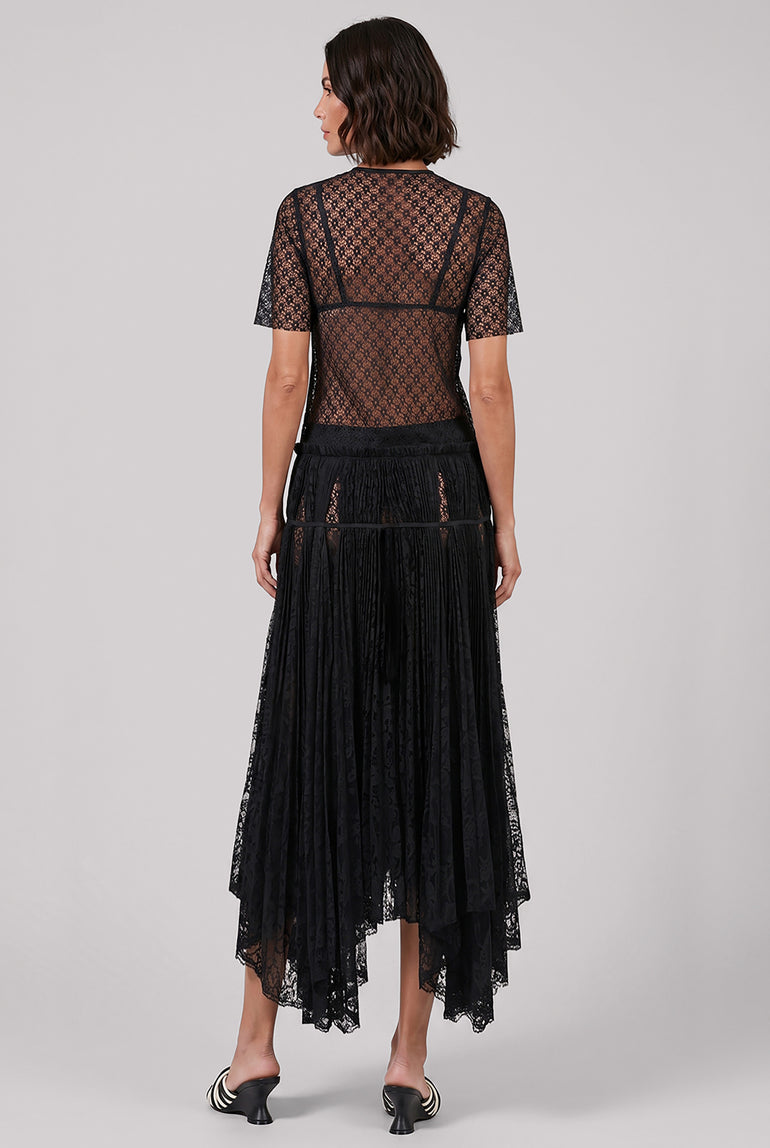 JW ANDERSON RTW Mixed Lace Midi Dress With Asymmetric Pleated Skirt | Black