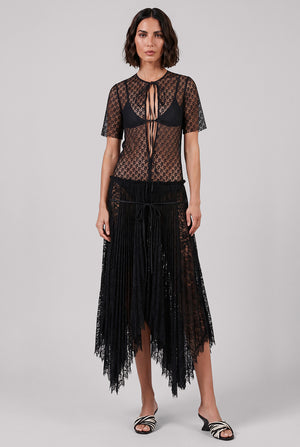 Mixed Lace Midi Dress With Asymmetric Pleated Skirt | Black