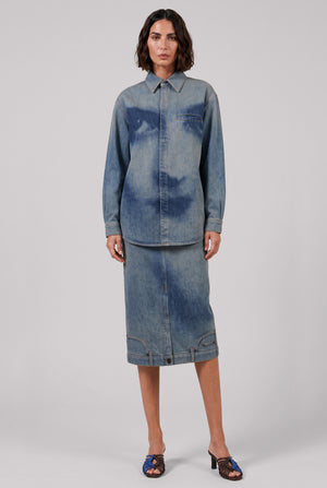 Face Print Oversized Denim Shirt | Indigo