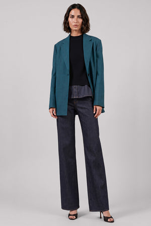S/S Pull Over Knit With Denim Underlay | Black/Indigo Blue