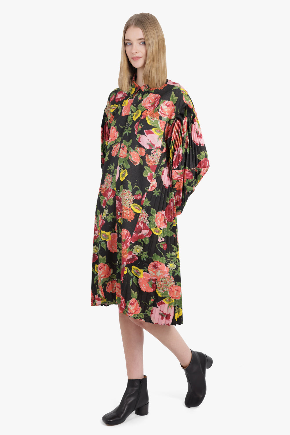 JUNYA WATANABE RTW Floral Print L/S Pleat Midi Shirt Dress | Black/Pink