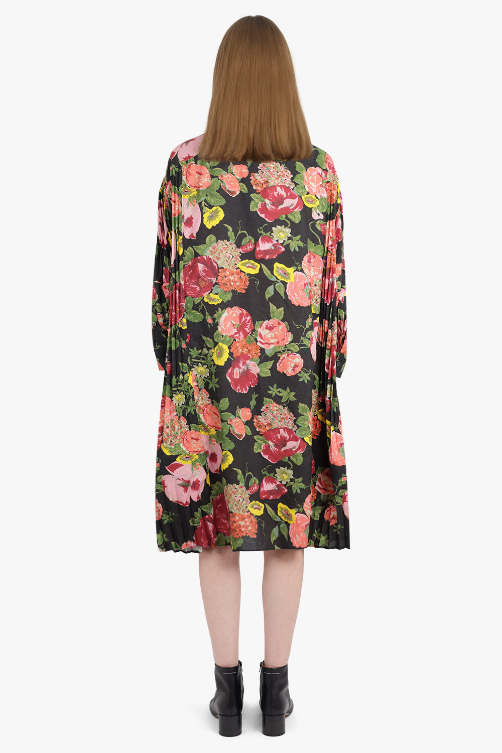 JUNYA WATANABE RTW Floral Print L/S Pleat Midi Shirt Dress | Black/Pink