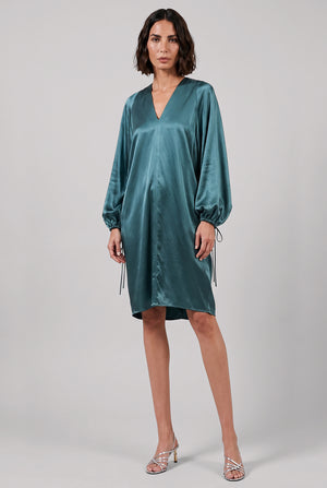 Balloon Sleeve V-Neck Midi Dress | Forest Green