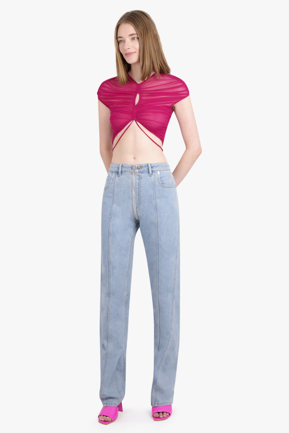MUGLER RTW Sheer Mesh Short Sleeve Crop Top | Magenta