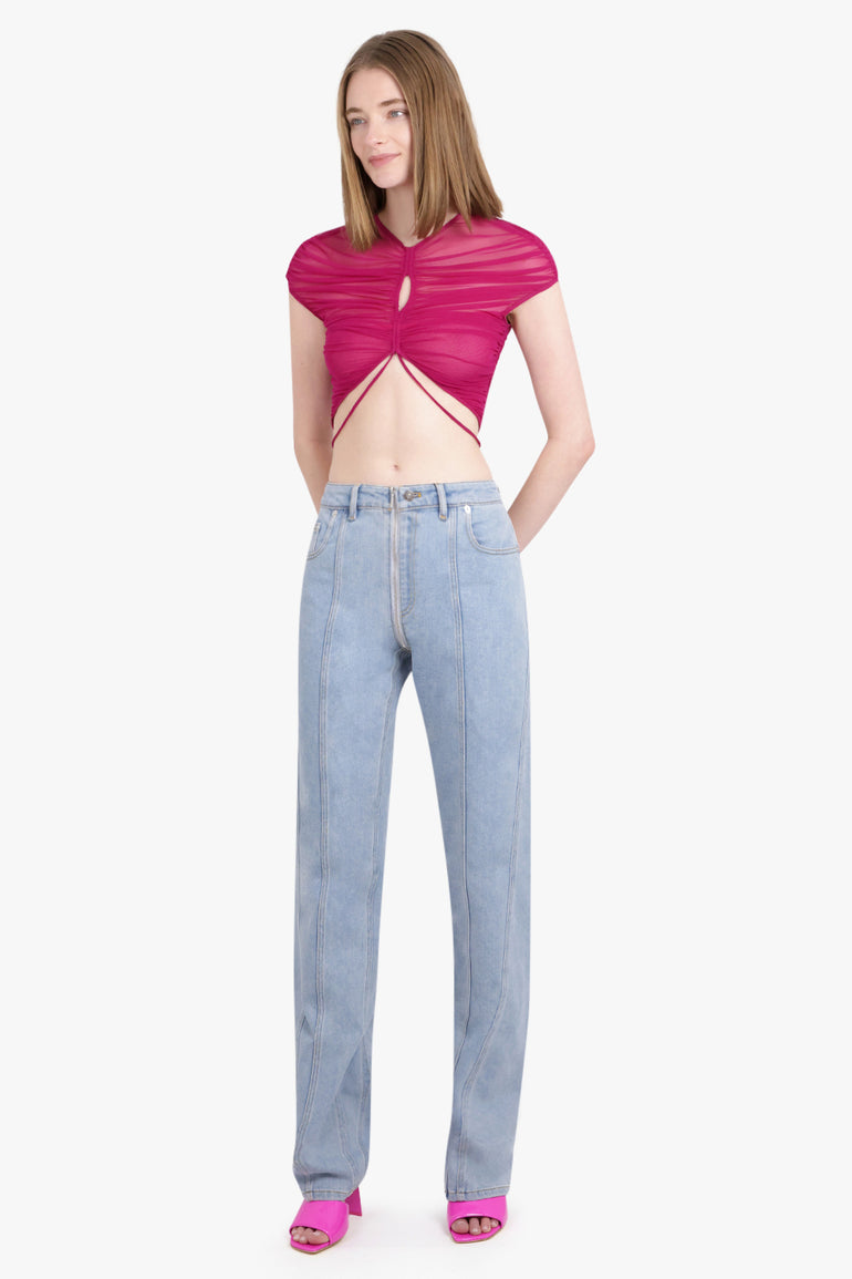 MUGLER RTW Sheer Mesh Short Sleeve Crop Top | Magenta