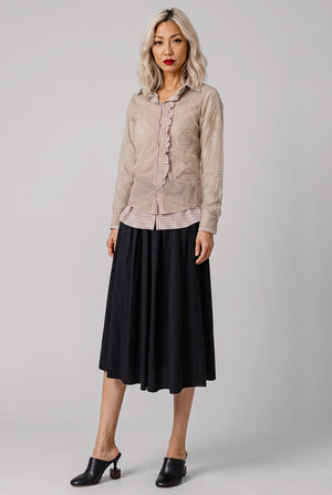 Layered L/S Shirt with Check Ruching Detail | Camel/White