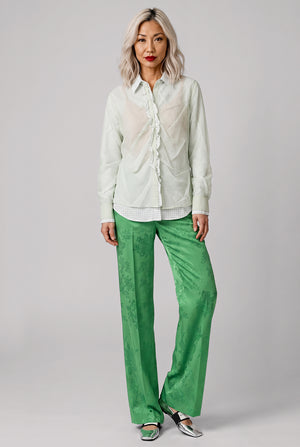 Layered L/S Shirt with Check Ruching Detail | Green/White