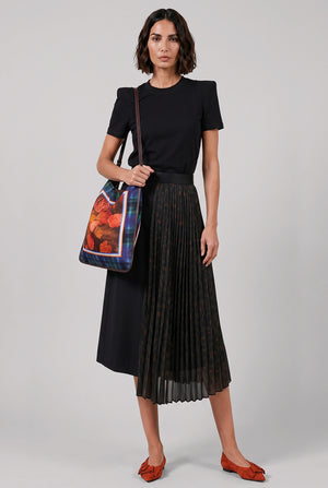 Leopard Print Pleat X Suit Midi Skirt | Black/Khaki