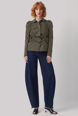 Ruched Front Puff Shoulder Jacket | Moss Green