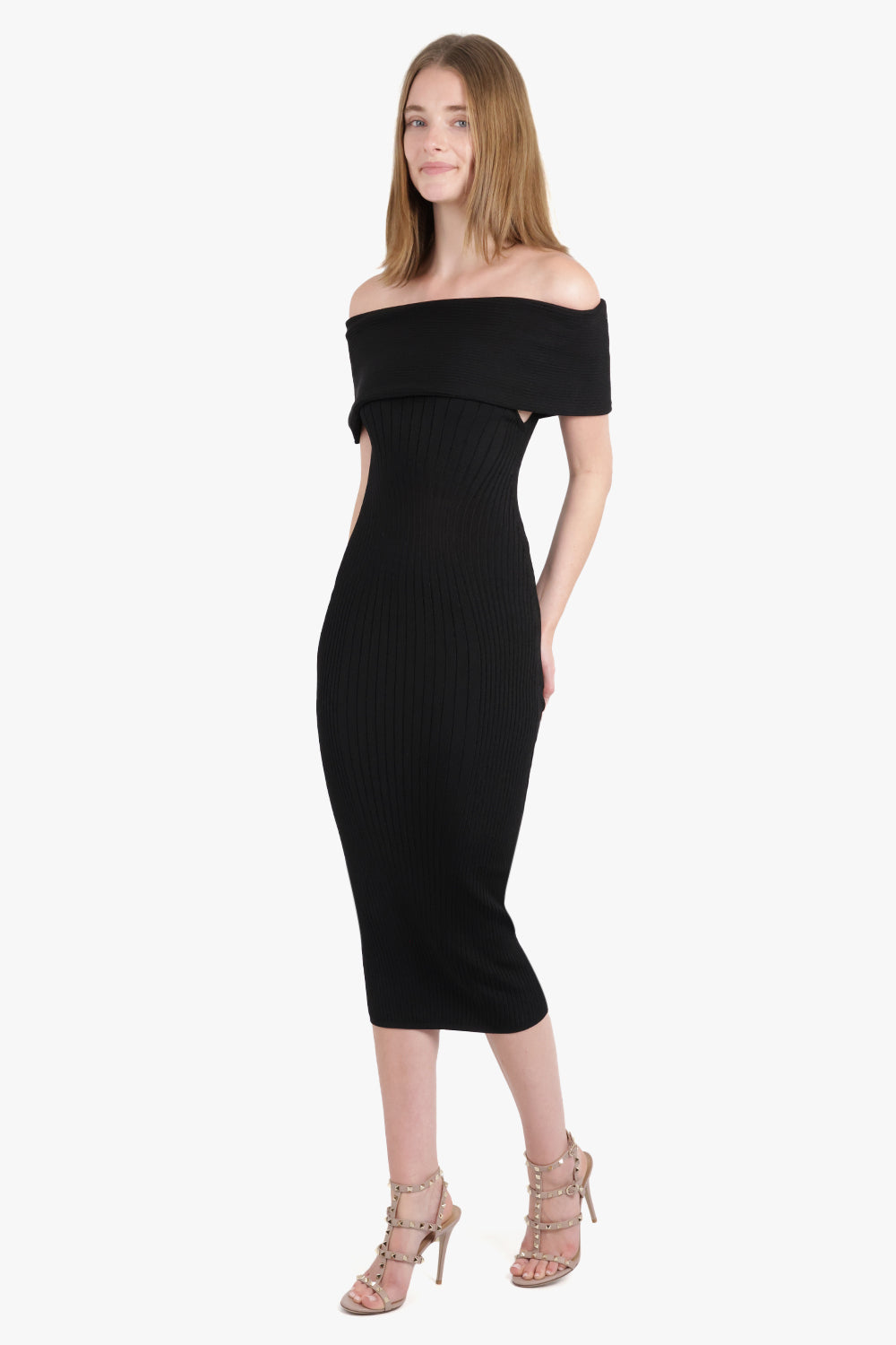 MUGLER DRESSES Off Shoulder Sculpting Knit Midi Dress | Black