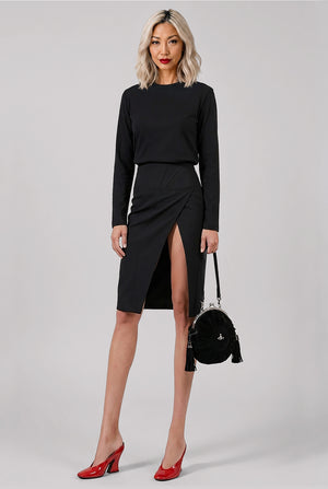 FRONT SLIT HEAVY FLUID WAIST DETAIL MIDI SKIRT | BLACK