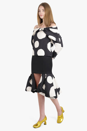 NINA RICCI RTW Peplum Polka Dot Midi Skirt With Cut Out Detail | Black/White