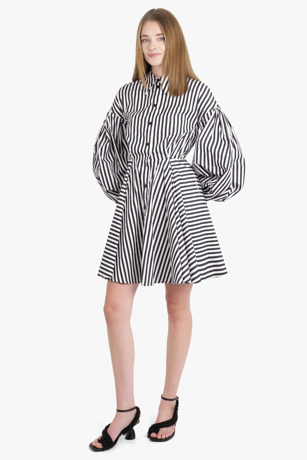 NINA RICCI RTW Stripe L/S Midi Shirt Dress With Balloon Sleeves | Black/White