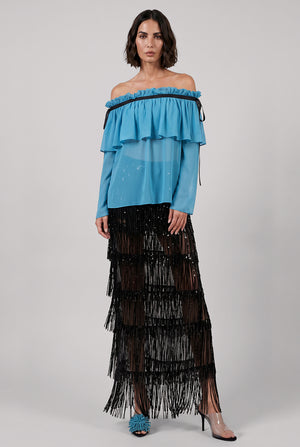 Fringed Sequin Maxi Straight Split Skirt | Black