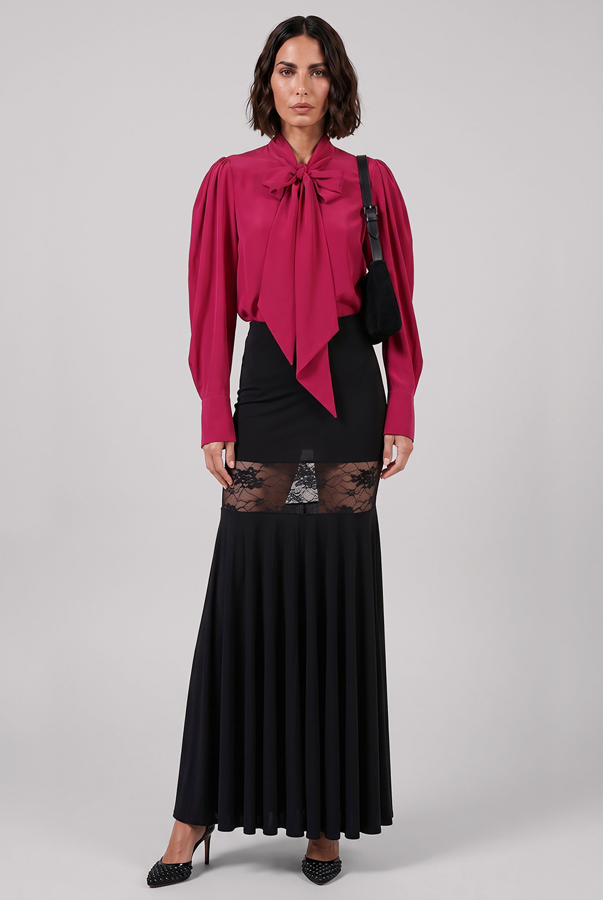 NINA RICCI RTW Crepe De Chine Neck-Tie Puff Sleeve Shirt | Fuschia