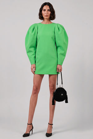 Taffeta Puff Gathered Sleeve Mini Dress | Green